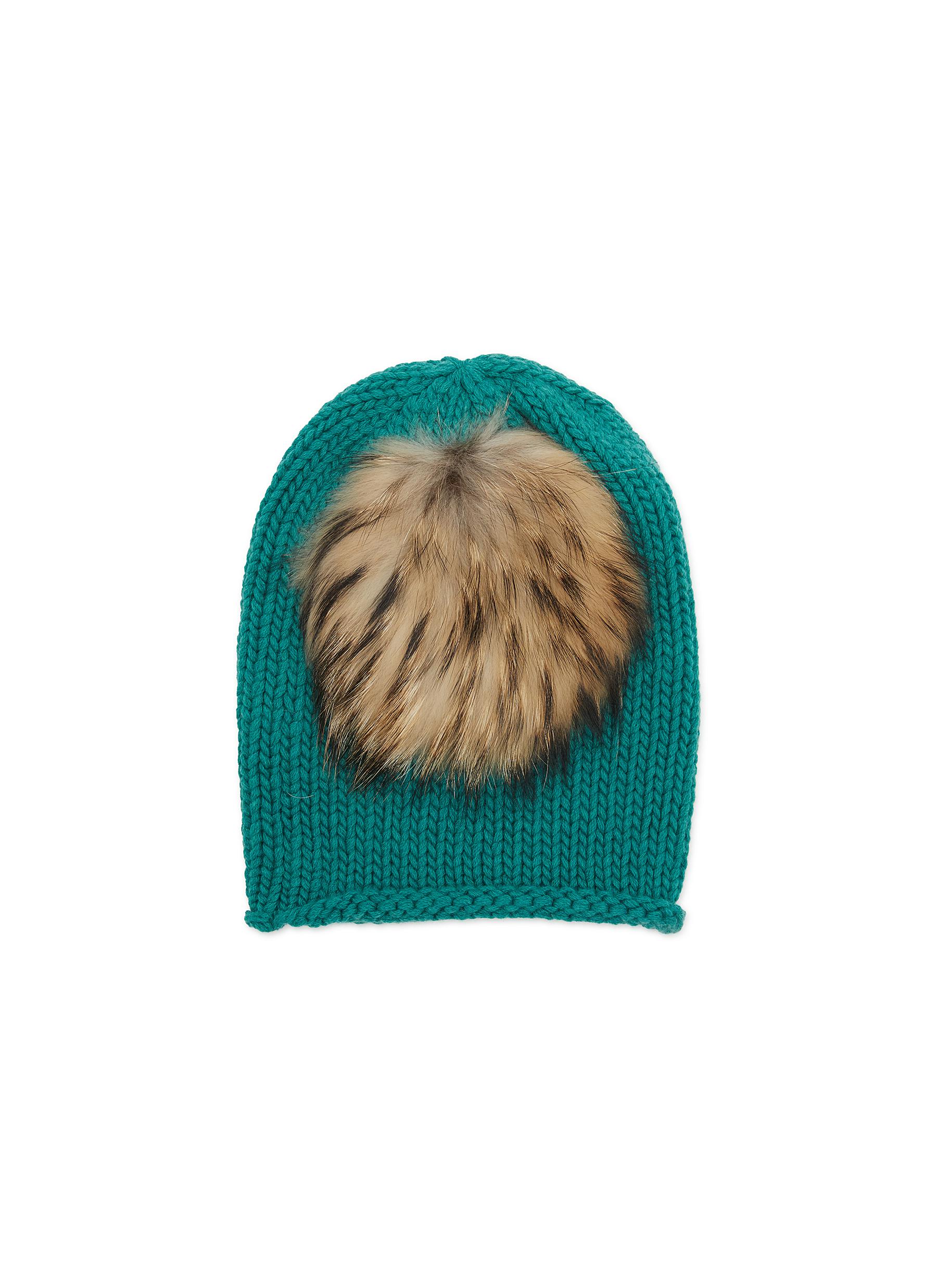 GREEN Roll Up Pom Pom Cashmere Beanie