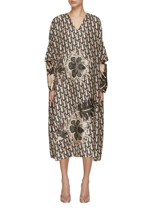 Main View - Click To Enlarge - BIYAN - Asa Wide Sleeve V-Neck Silk Print Loose Dress