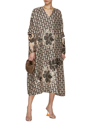 Figure View - Click To Enlarge - BIYAN - Asa Wide Sleeve V-Neck Silk Print Loose Dress