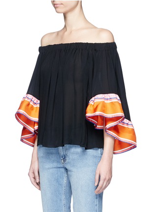 Front View - Click To Enlarge - EMILIO PUCCI - Stripe ruffle cuff off-shoulder top