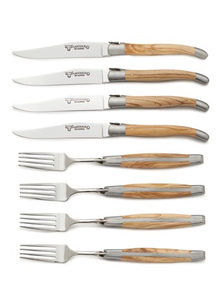 Main View - Click To Enlarge - LAGUIOLE EN AUBRAC - Olive Wood Handle Stainless Steel Steak Knives and Forks — Set of 8