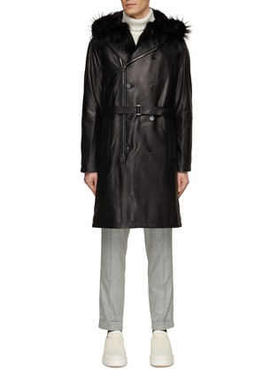 Main View - Click To Enlarge - KRUF - Fox Fur Trim Belted Leather Coat