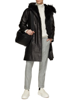 Figure View - Click To Enlarge - KRUF - Fox Fur Trim Belted Leather Coat