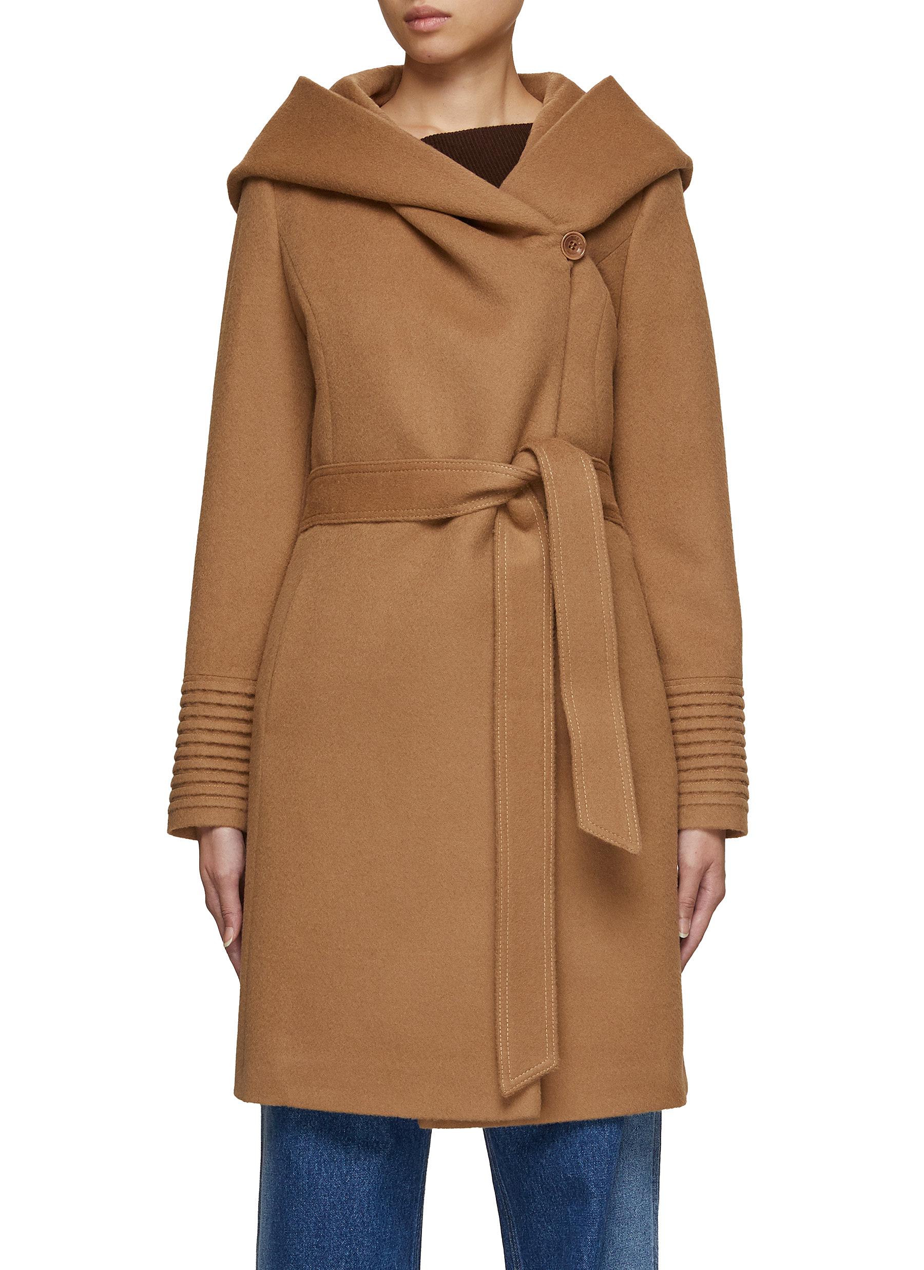 SENTALER, Hooded Belted Wool Wrap Coat, CAMEL, Women