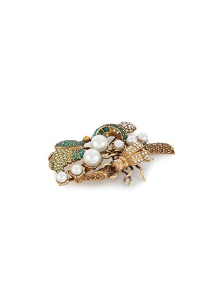 Detail View - Click To Enlarge - THOT GIOIELLI - Brass Emerald Crystal Beetle On Plant Brooch