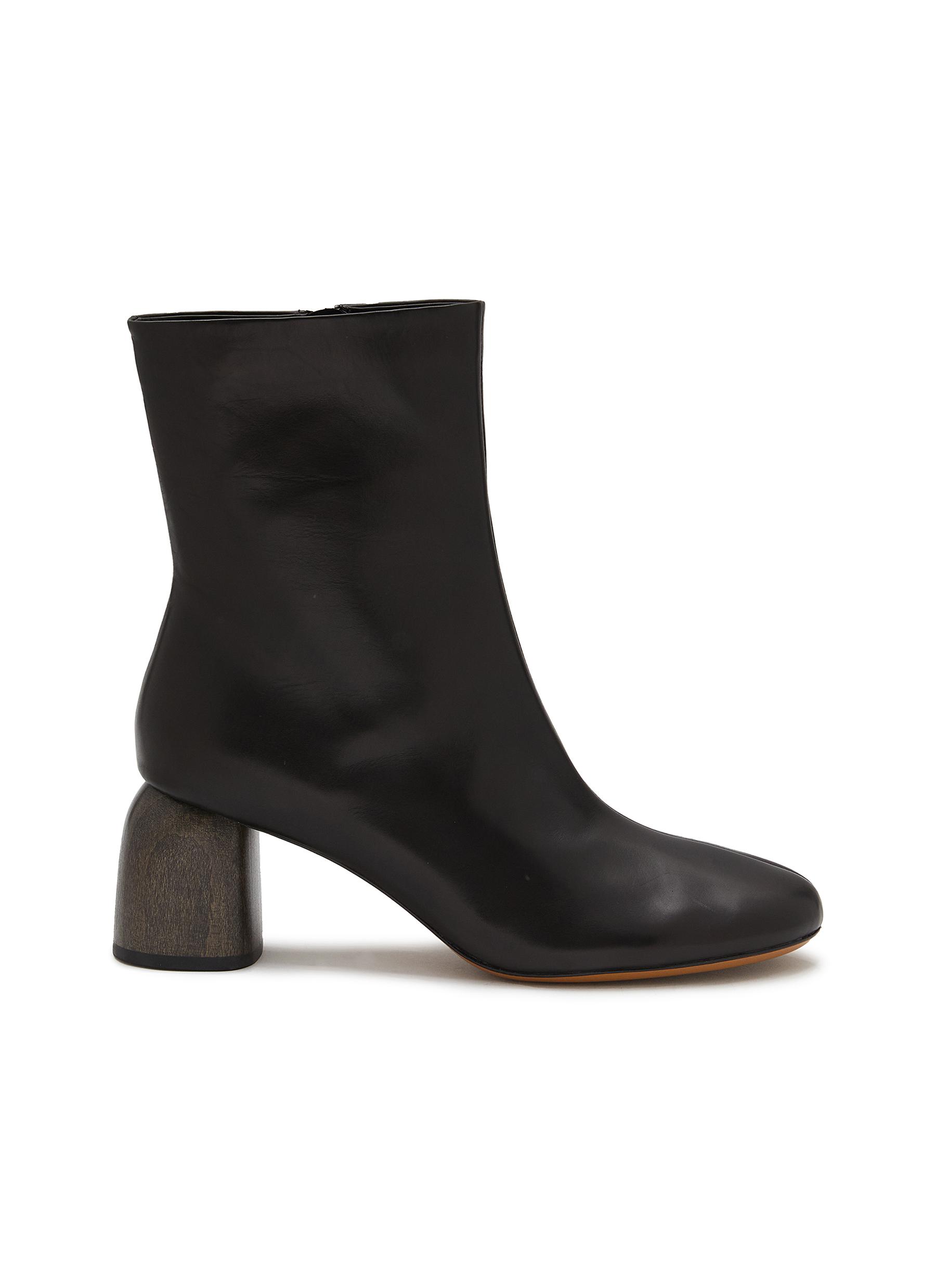 EQUIL, Budapest Wood Heel Leather Ankle Boots, BLACK, Women