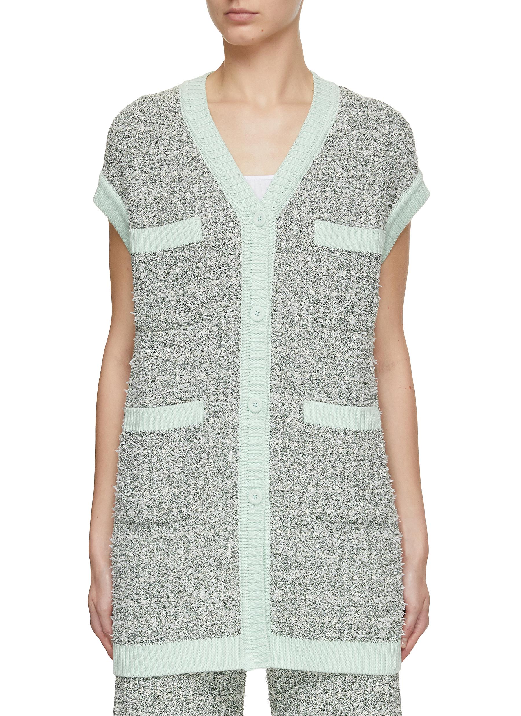 V-Neck Contrast Trim Tweed Knit Vest