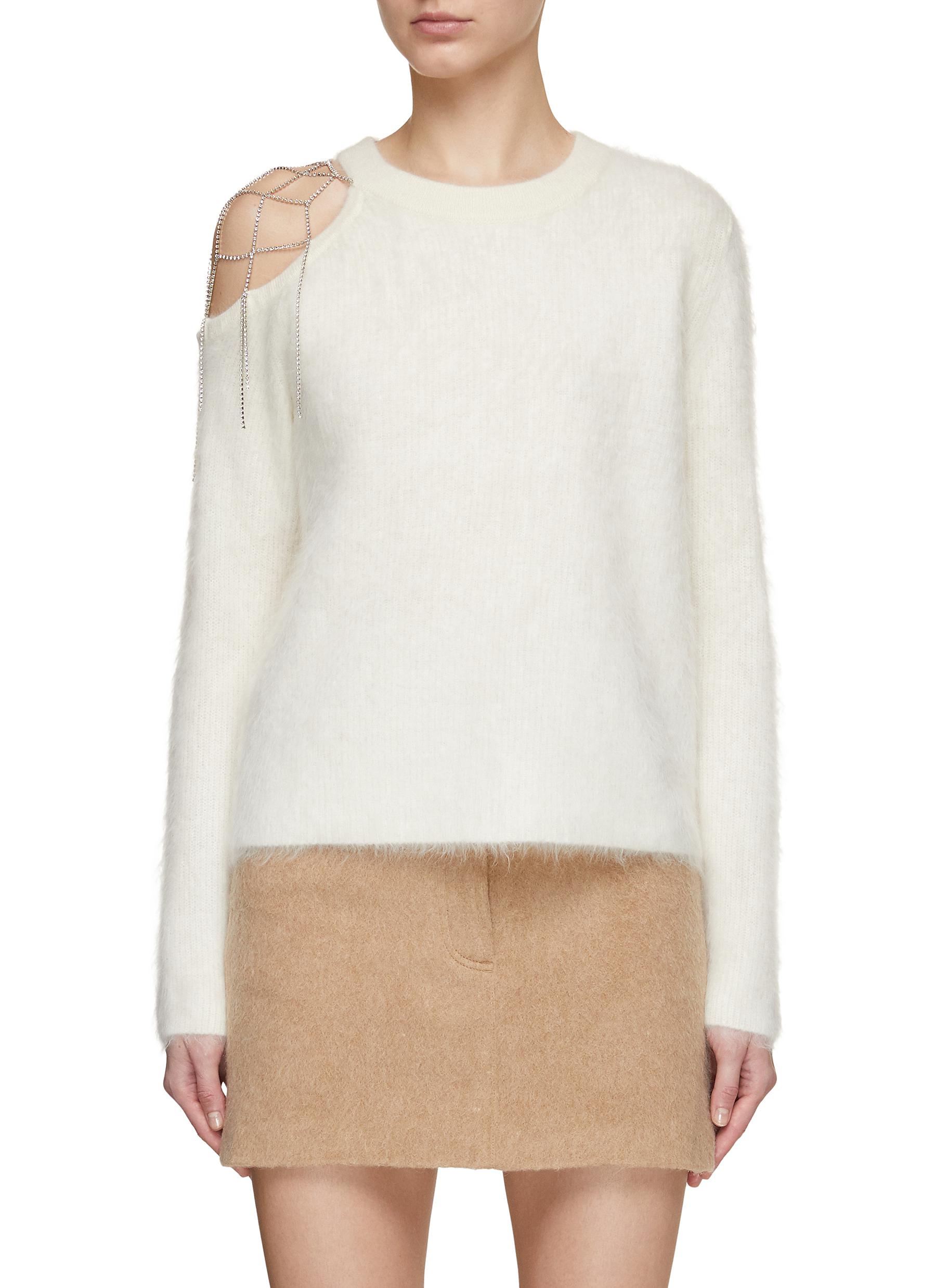 Swarovski Crystal Embellished Fluffy Cashmere One Shoulder Sweater