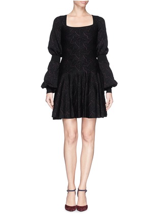 Main View - Click To Enlarge - ALEXANDER MCQUEEN - Leaf jacquard puff sleeve flare dress