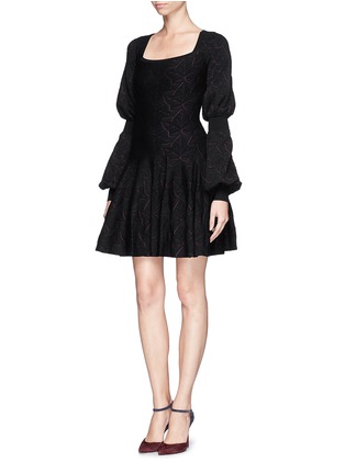 Figure View - Click To Enlarge - ALEXANDER MCQUEEN - Leaf jacquard puff sleeve flare dress