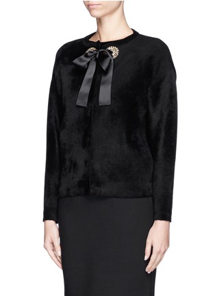Front View - Click To Enlarge - ALEXANDER MCQUEEN - Satin bow chenille cardigan