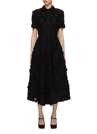 Main View - Click To Enlarge - SOONIL - Short Sleeve Belted Lace Square Cutout Midi Dress