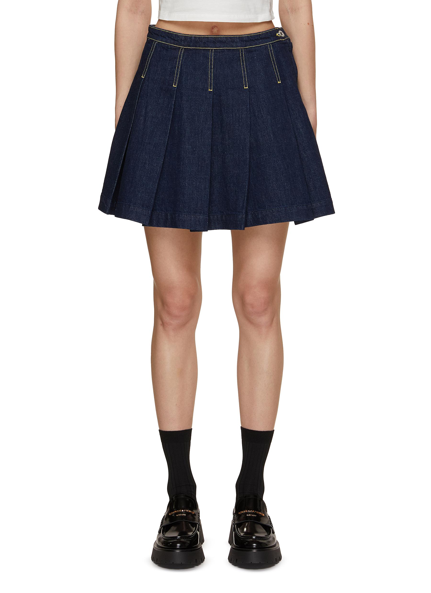 Pleated denim outlet flare skirt