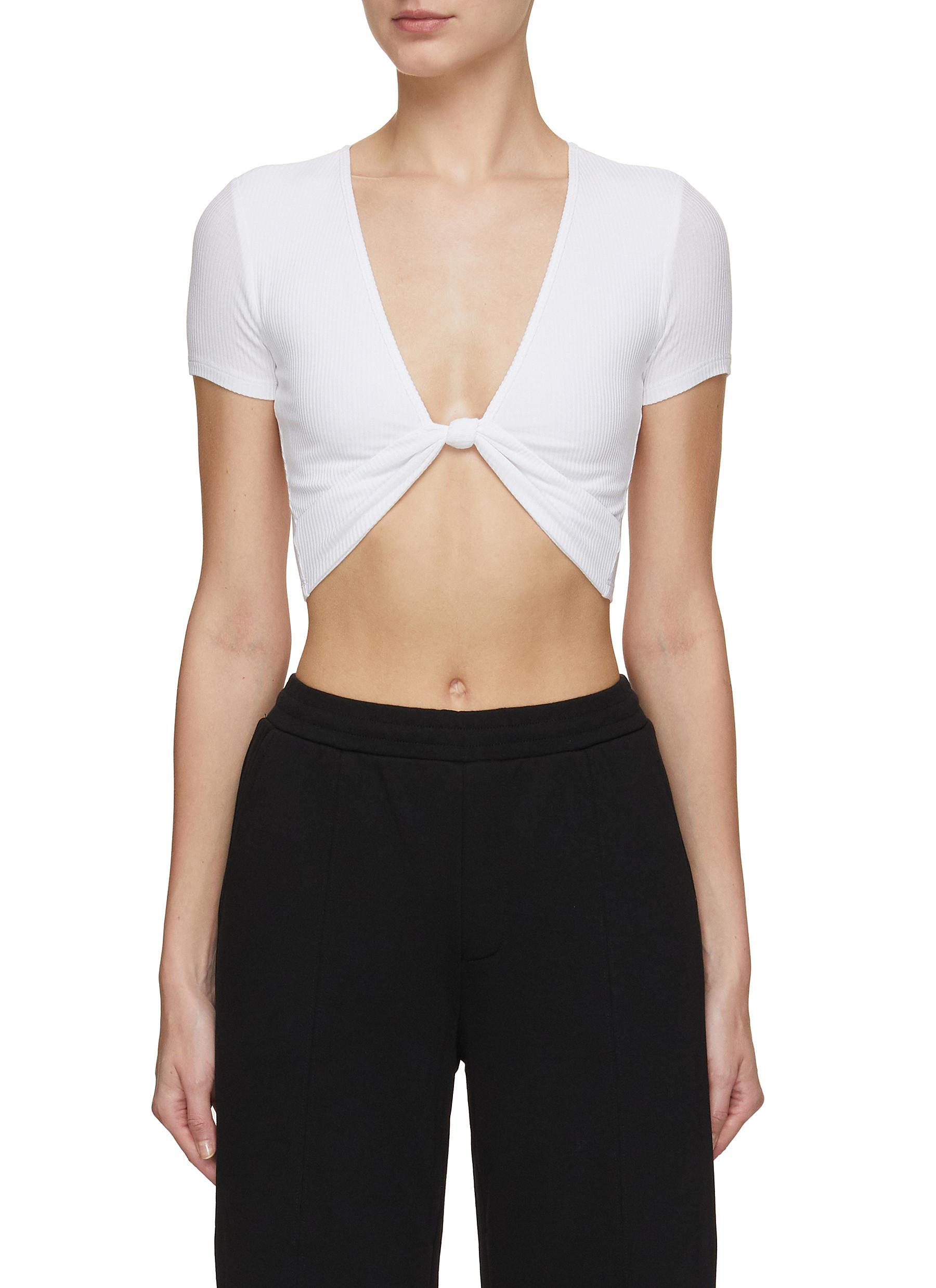 ALO YOGA, Ribbed Knotty Short Sleeve Crop Top, WHITE, Women