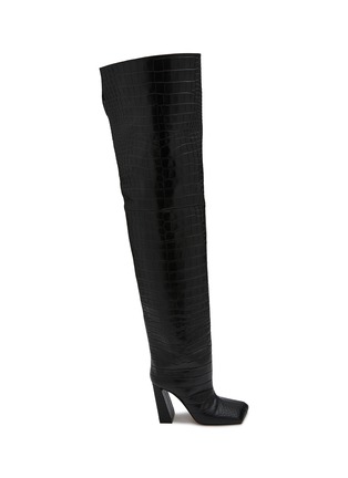 Main View - Click To Enlarge - AMINA MUADDI - Marine 95 Embossed Croc Leather Thigh High Boots
