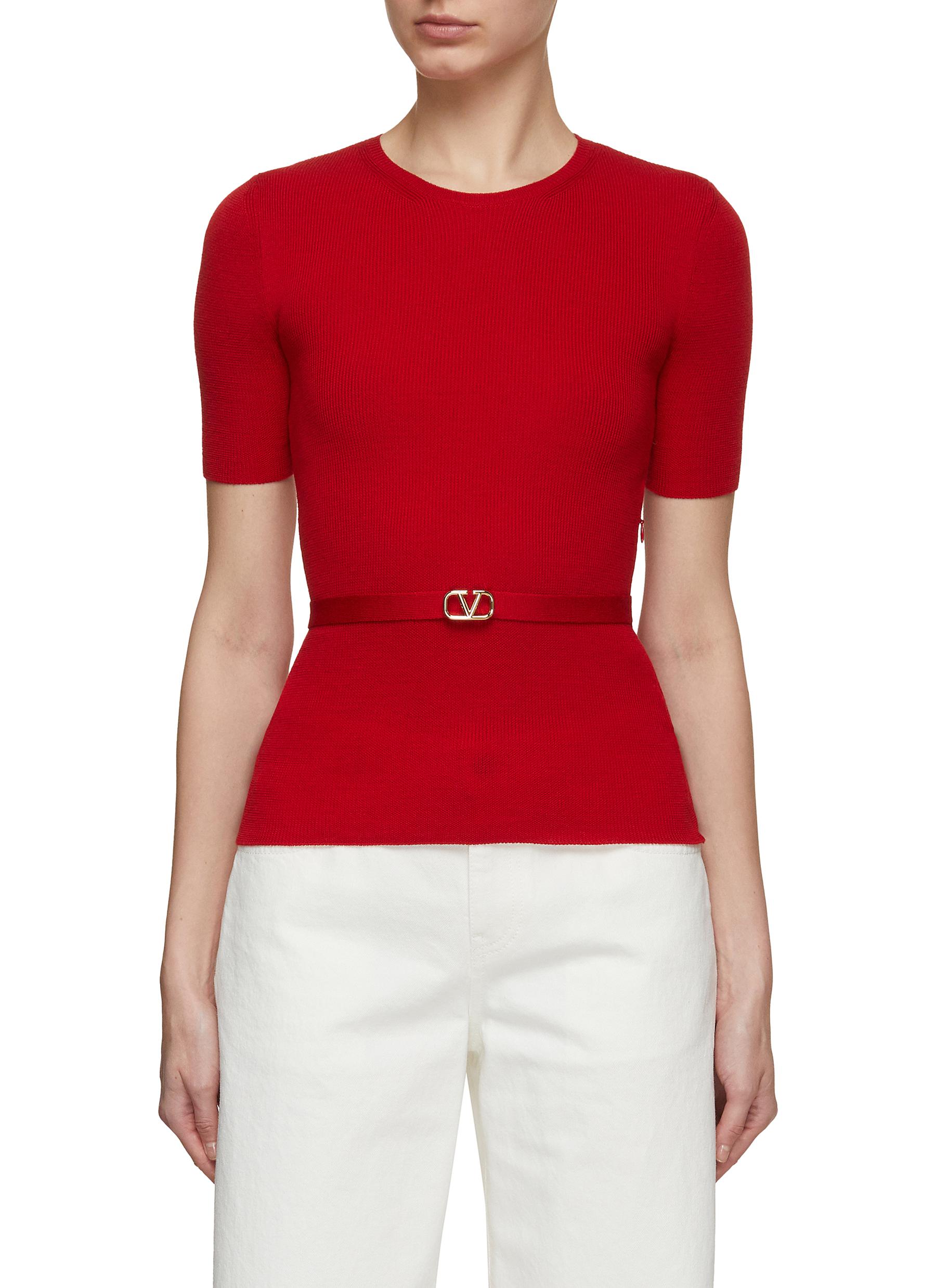 VALENTINO GARAVANI | Crewneck Logo Belted Wool Knit Top | Women