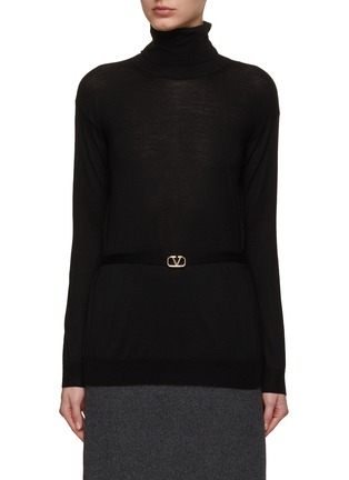 Main View - Click To Enlarge - VALENTINO GARAVANI - Turtle Neck Logo Belted Wool Knit Top