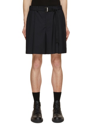 Main View - Click To Enlarge - SACAI - Chalk Stripe Pleated Back Belted Shorts
