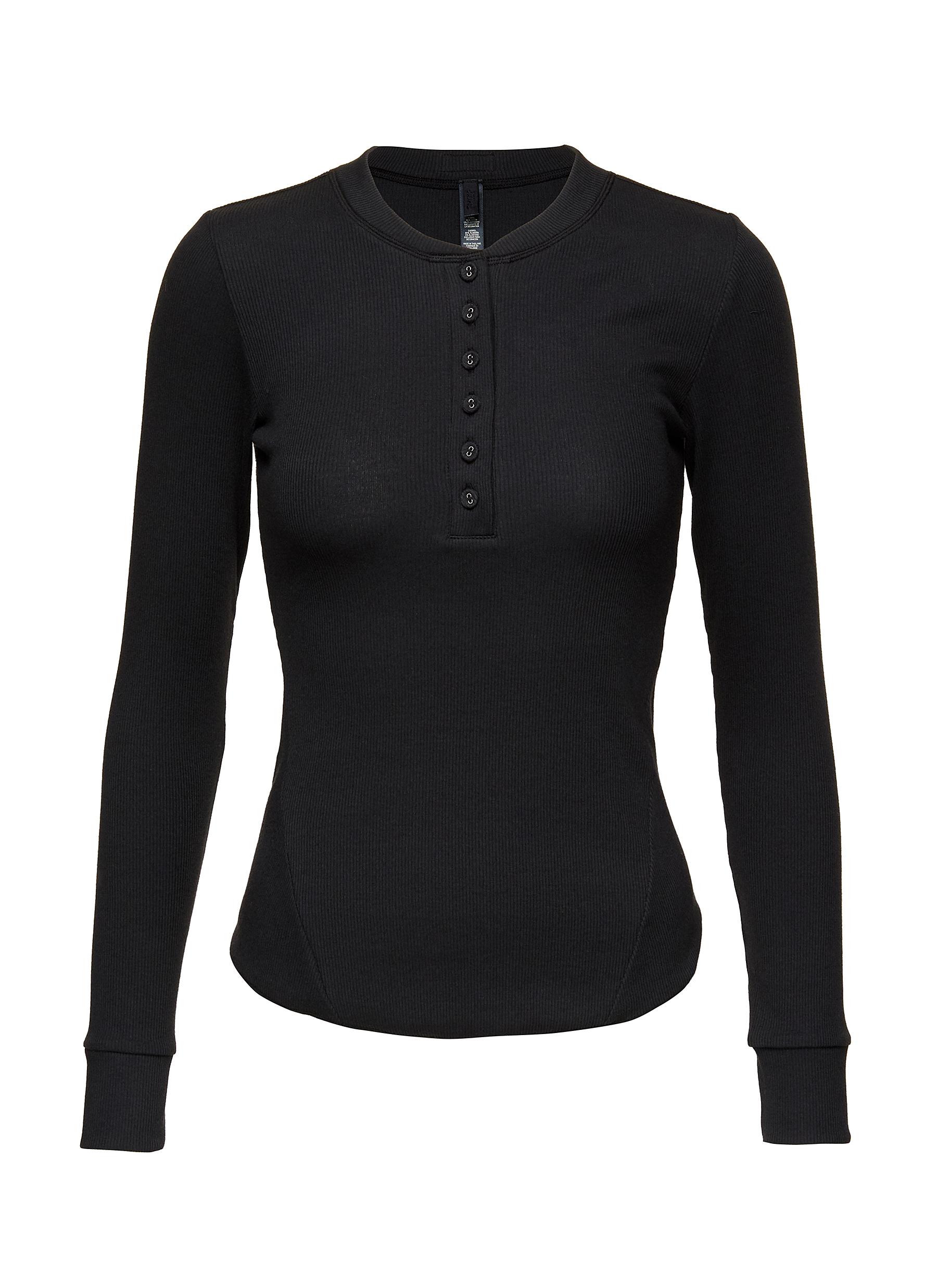 Ribbed Henley Shirt - Black - Ladies