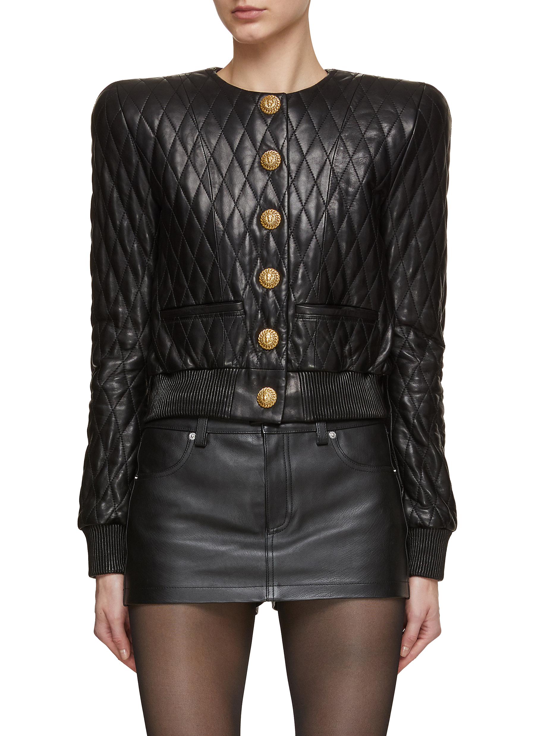 Collarless Quilted Leather Blouson