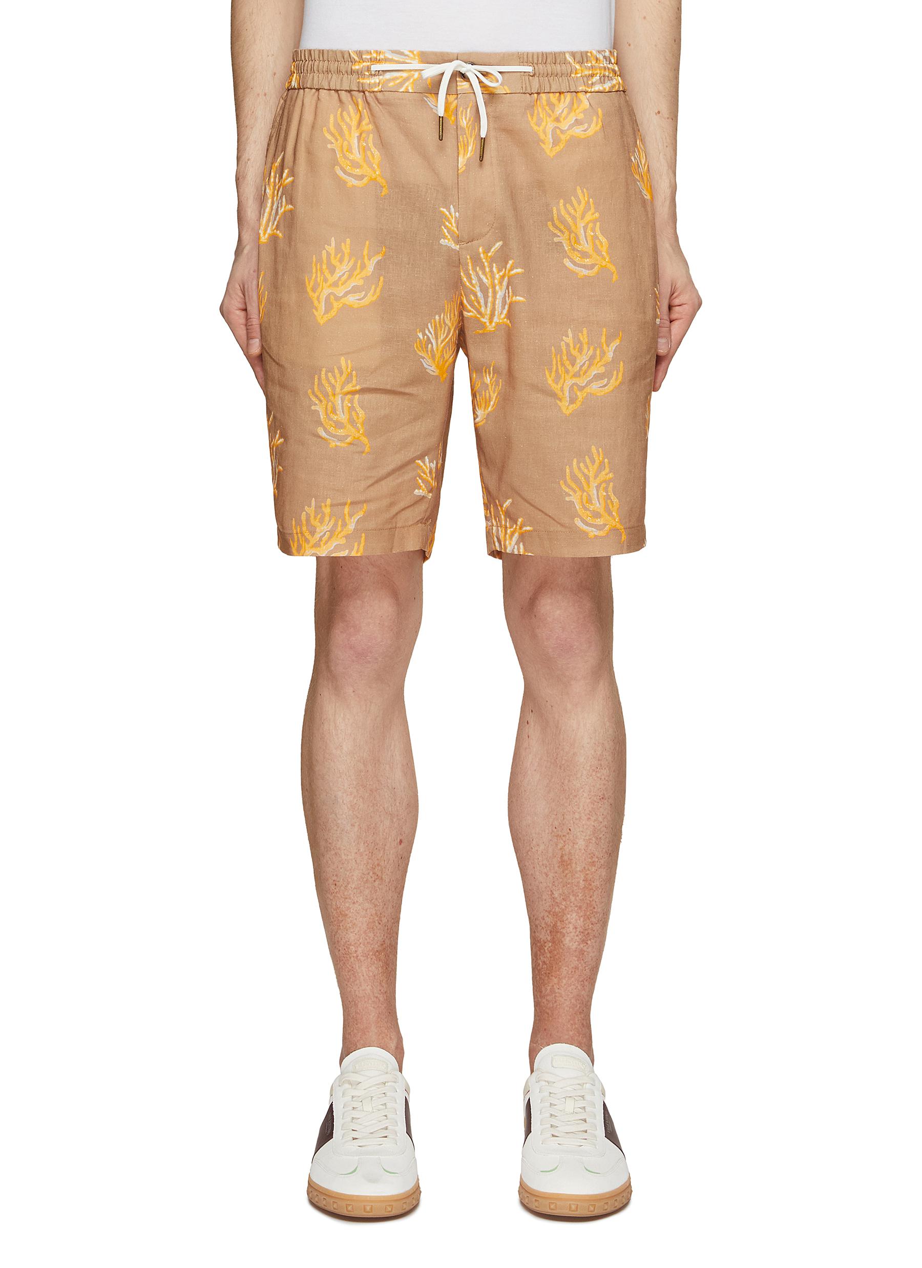 Coral Print Cotton Linen Bermuda Shorts