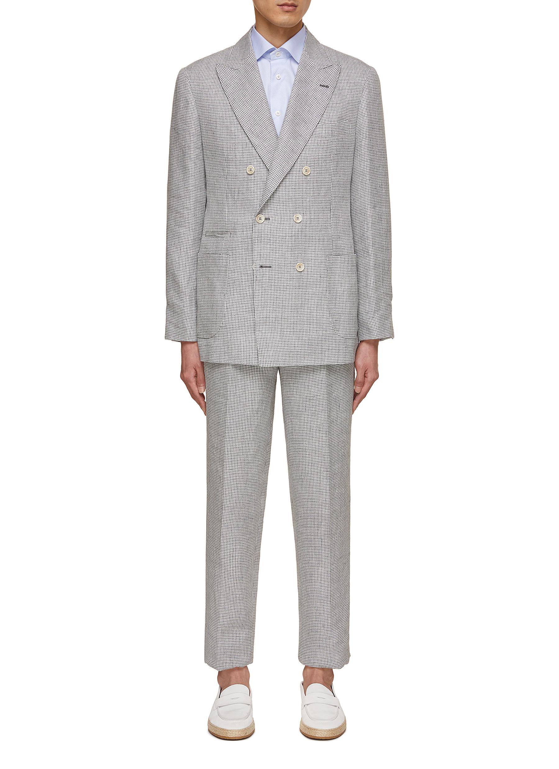 Double Breasted Micro Check Linen Suit