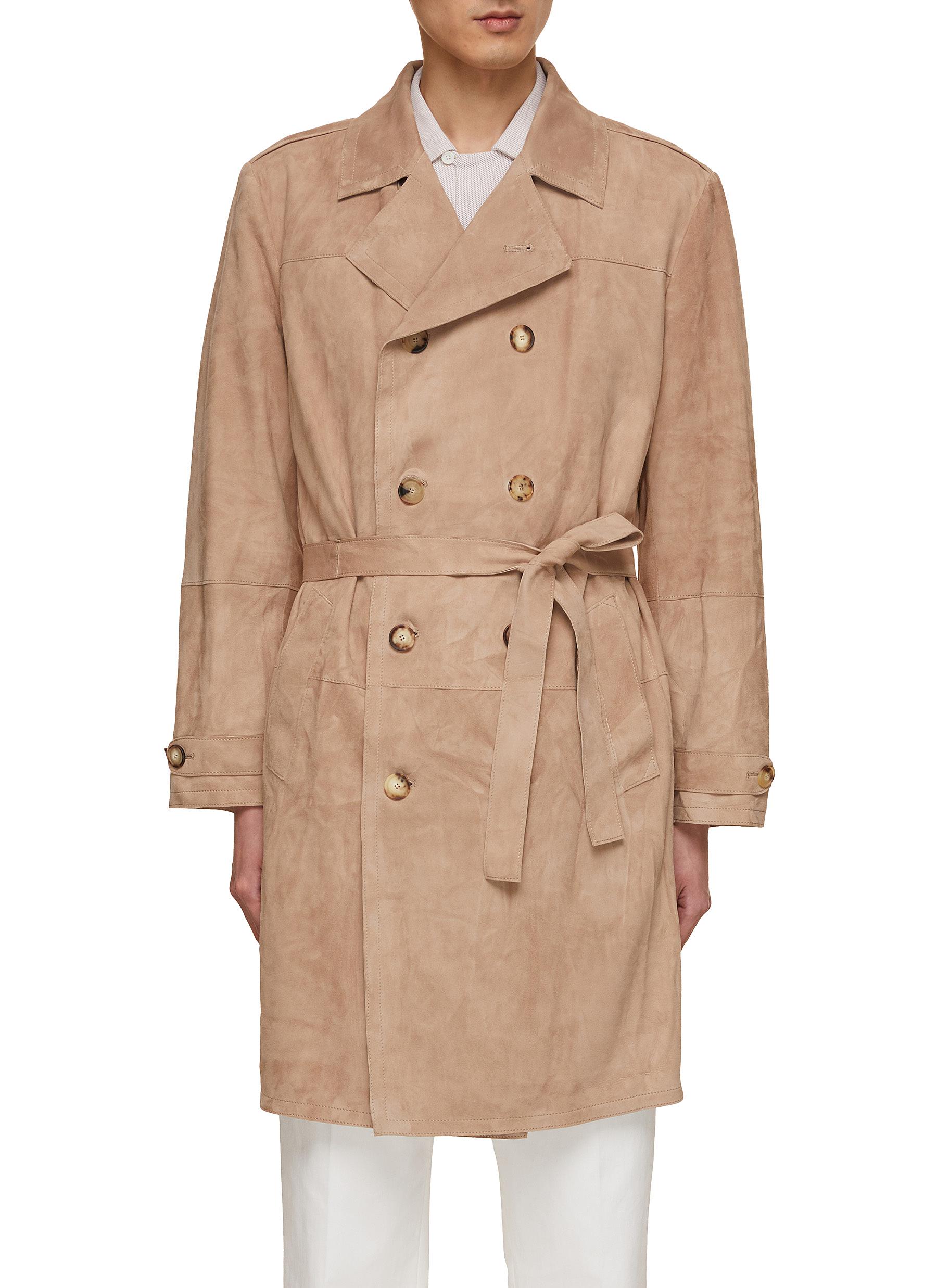 Double Breasted Leather Suede Trench Coat
