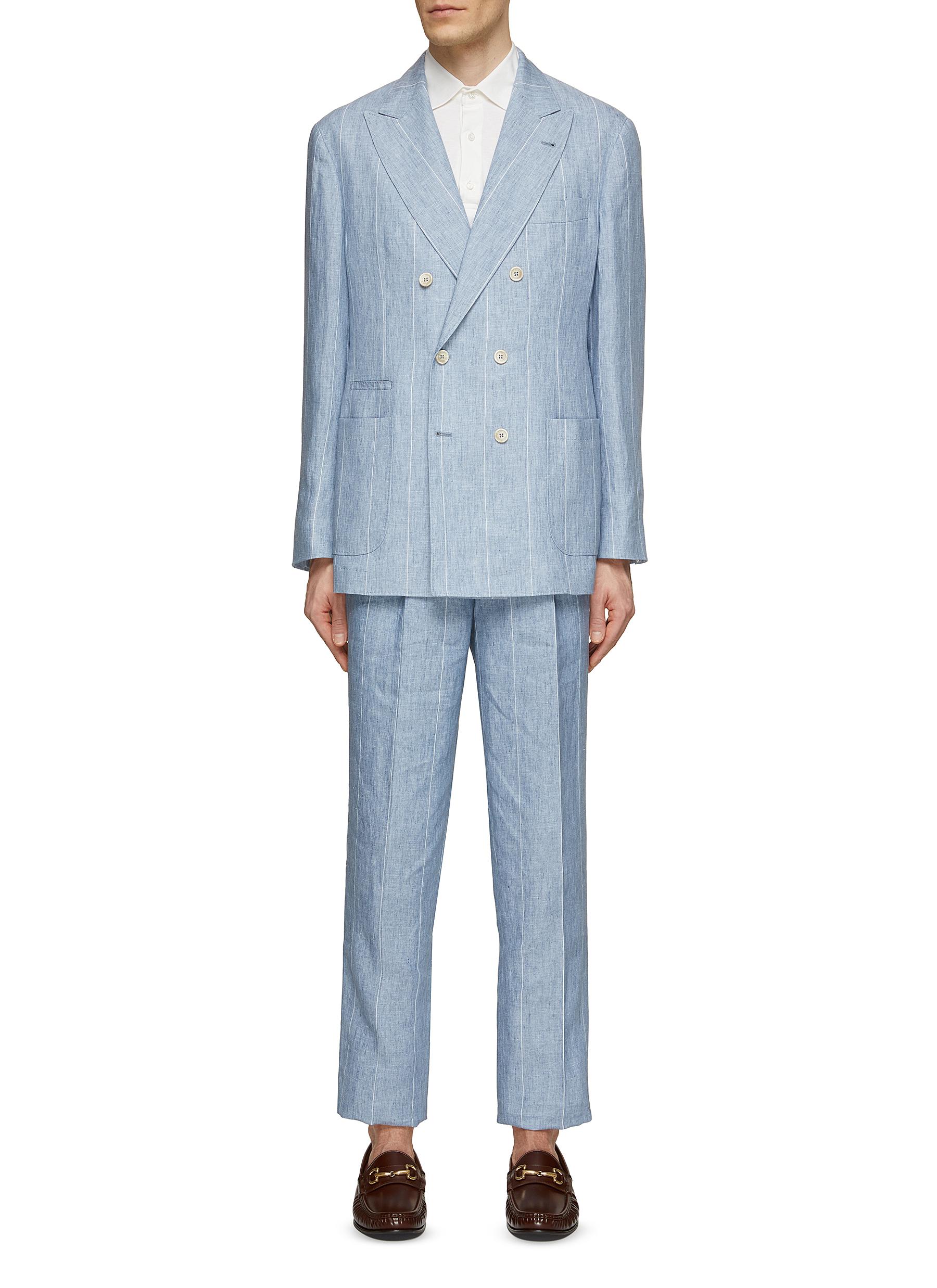 BRUNELLO CUCINELLI | Double Breasted Pinstripe Linen Suit | Men 