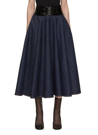 Front View - Click To Enlarge - ALAÏA - Elastic Belt Flared Denim Skirt