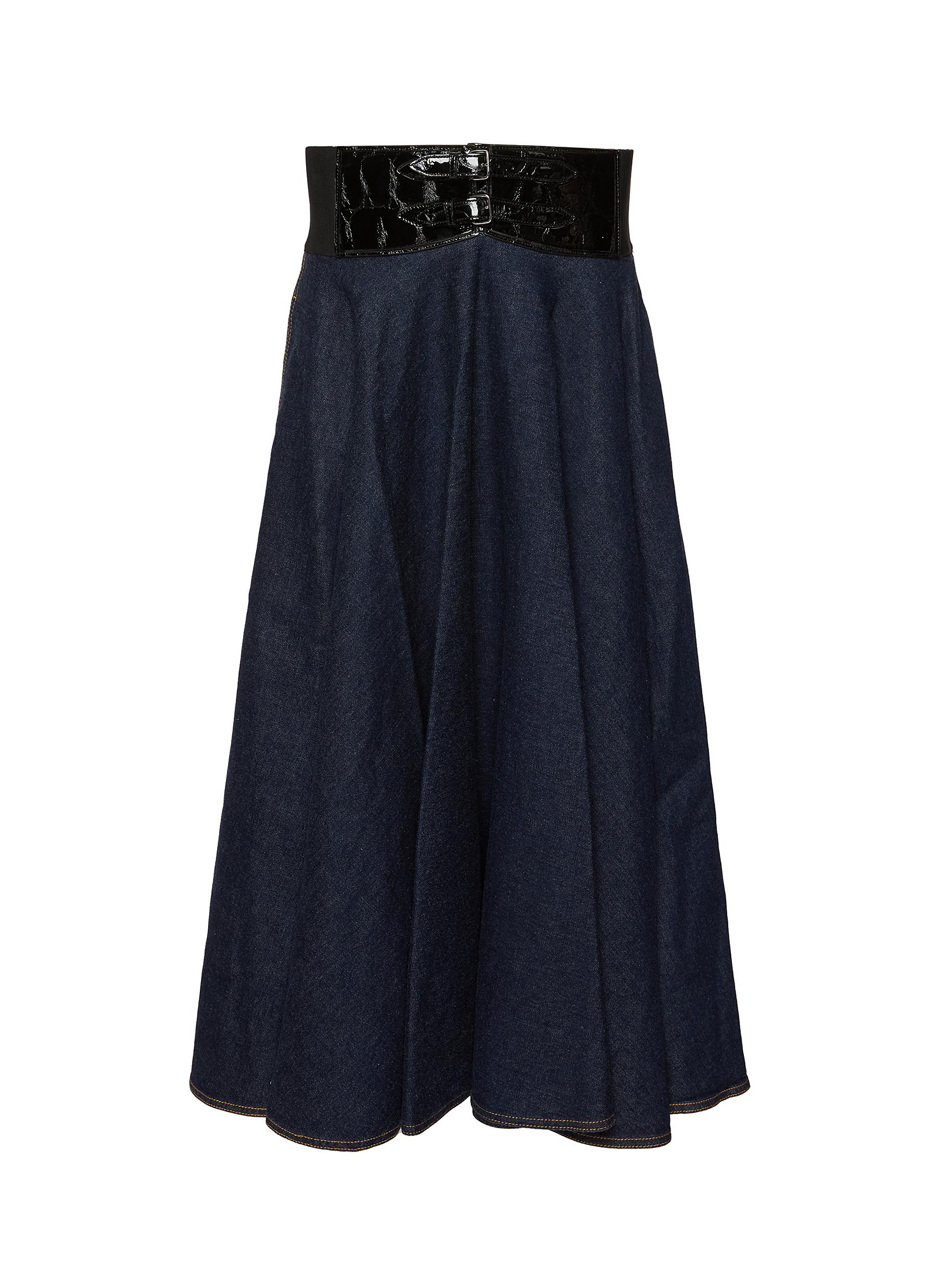ALAÏA | Elastic Belt Flared Denim Skirt | Women | Lane Crawford