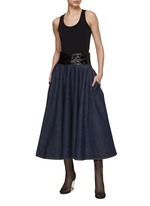 【ALAIA直営店】JUPE PATINEUSE EN DENIM ALAIA Denim Skater Skirt | Neiman Marcus