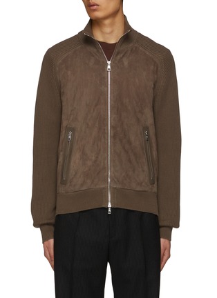 Main View - Click To Enlarge - MONCLER - Suede Panel Ribbed Knit Jacket