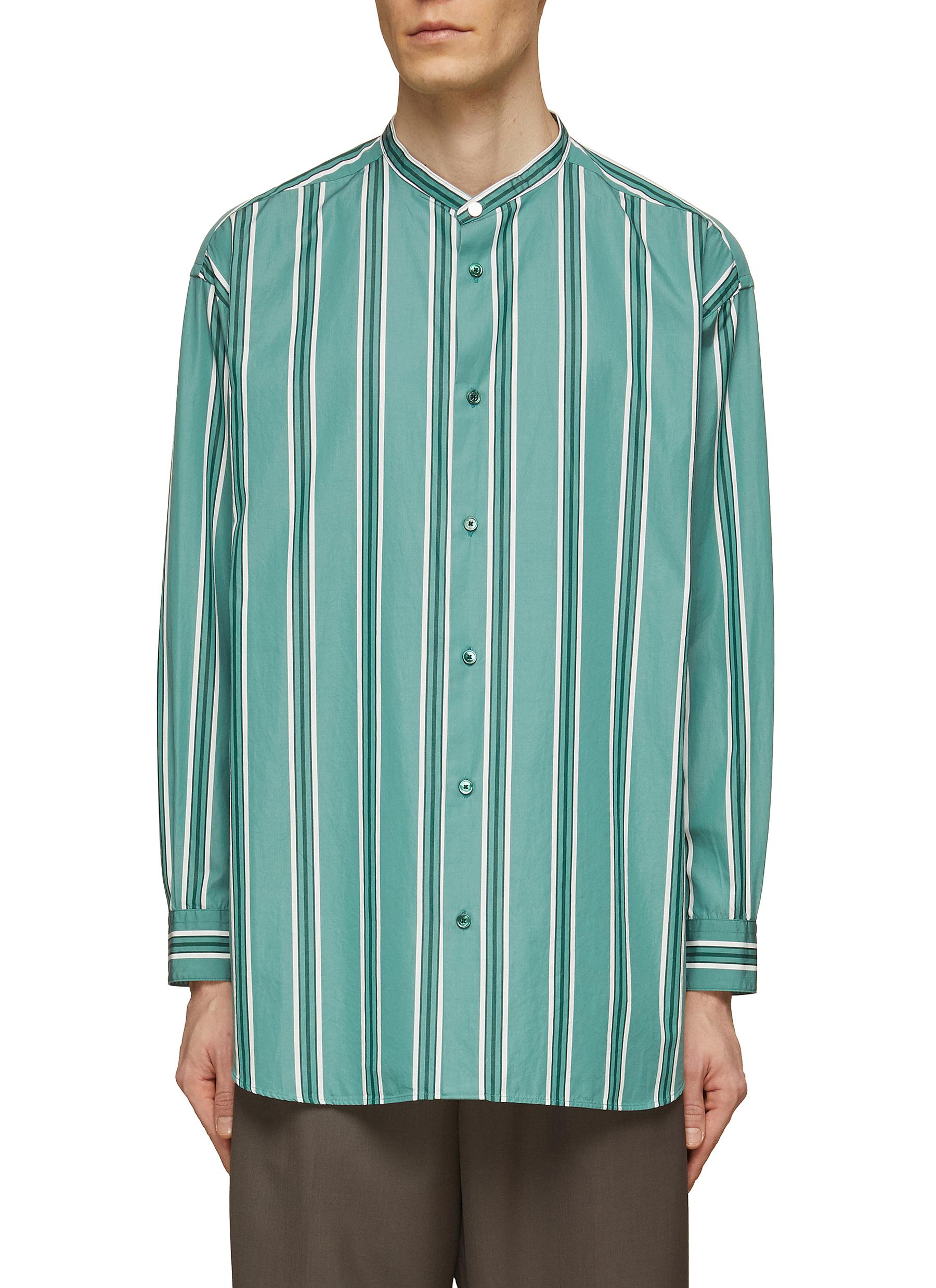 Mandarin Collar Striped Cotton Shirt