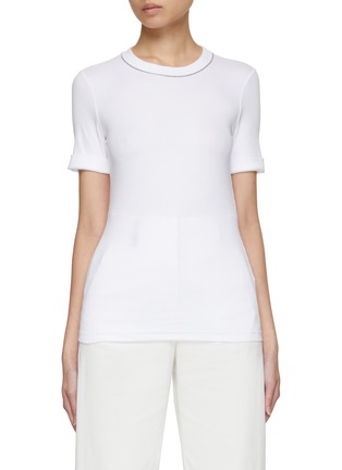 Main View - Click To Enlarge - PESERICO - Bead Embellished Neckline Ribbed T-Shirt
