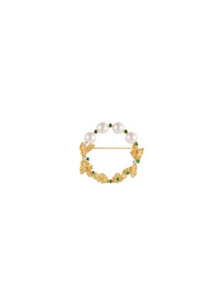 Main View - Click To Enlarge - CENTAURI LUCY - Neo Romantic Mistletoe Leaf Diamond Tsavorite Pearl 18K Yellow Gold Brooch