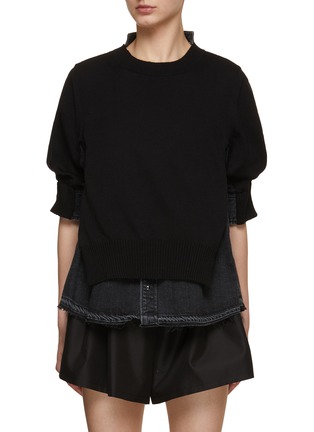 Main View - Click To Enlarge - SACAI - Puff Sleeve Denim Knit Hybrid Top