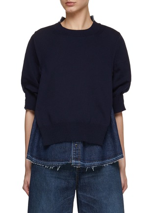 Main View - Click To Enlarge - SACAI - Puff Sleeve Denim Knit Hybrid Top