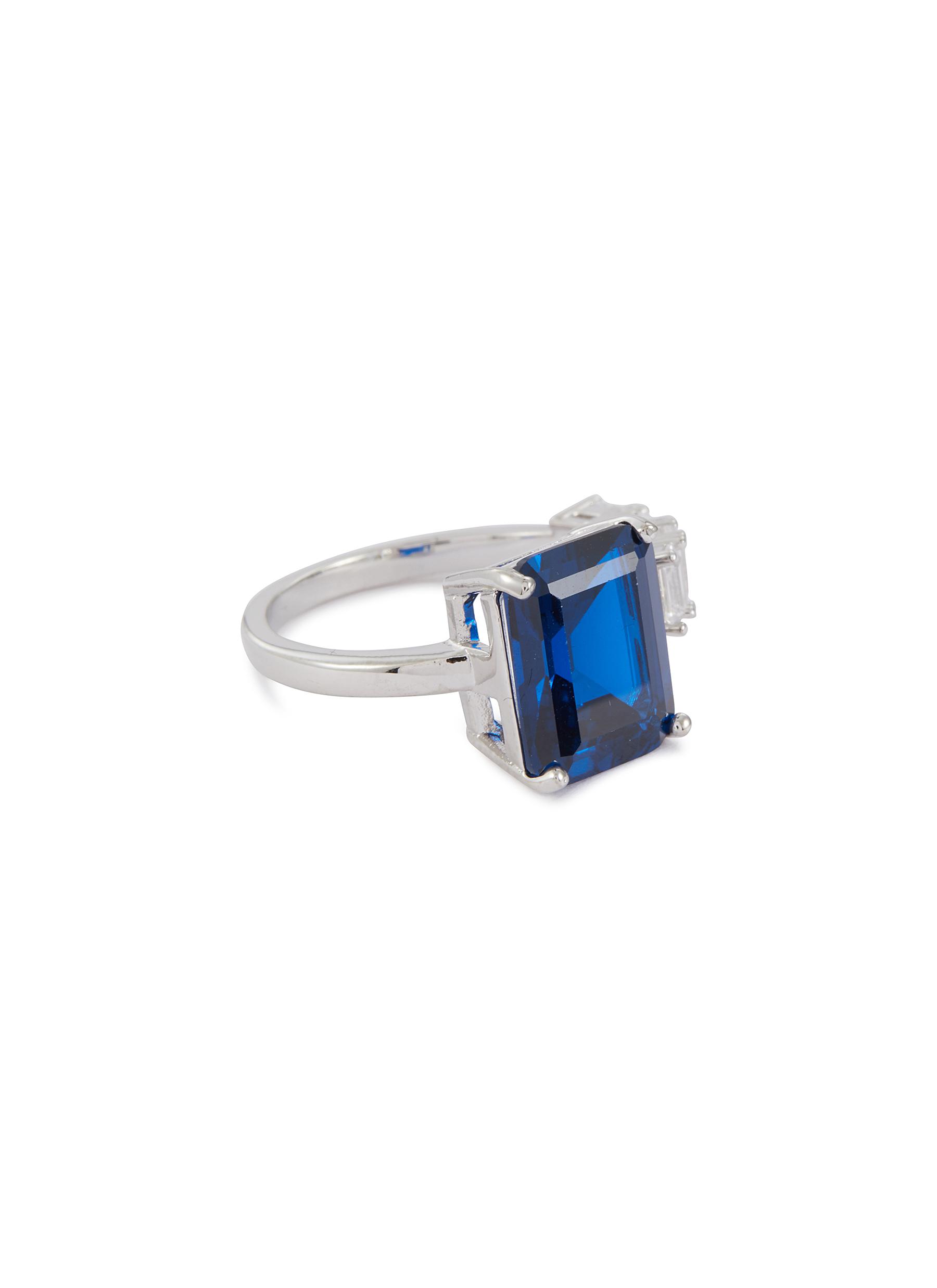 Sapphire Cubic Zirconia Rhodium Plated Brass Open Front Ring