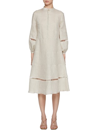 Main View - Click To Enlarge - KITON - Mandarin Collar Belted Cut Out Trim Linen Dress