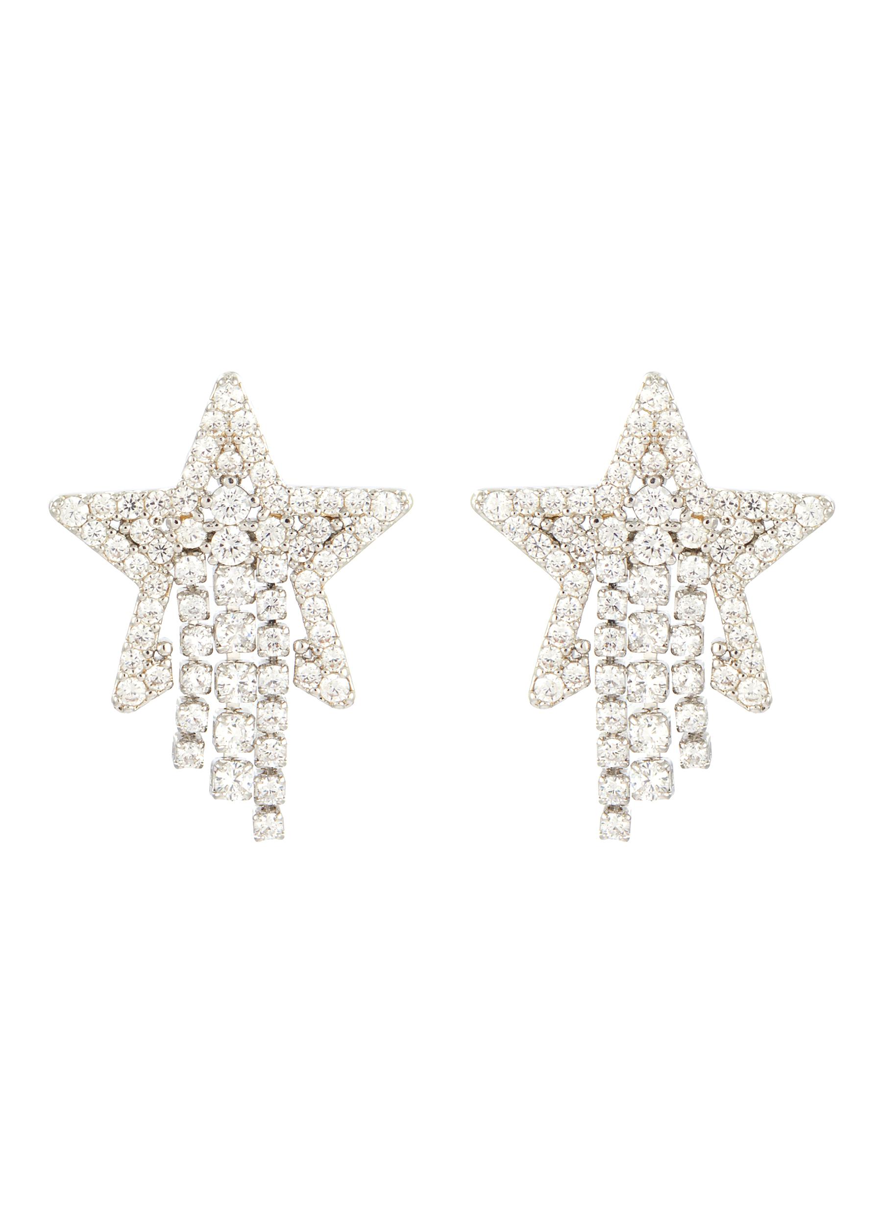 Cubic Zirconia Rhodium Plasted Sterling Silver Pavé Star Drop Earrings