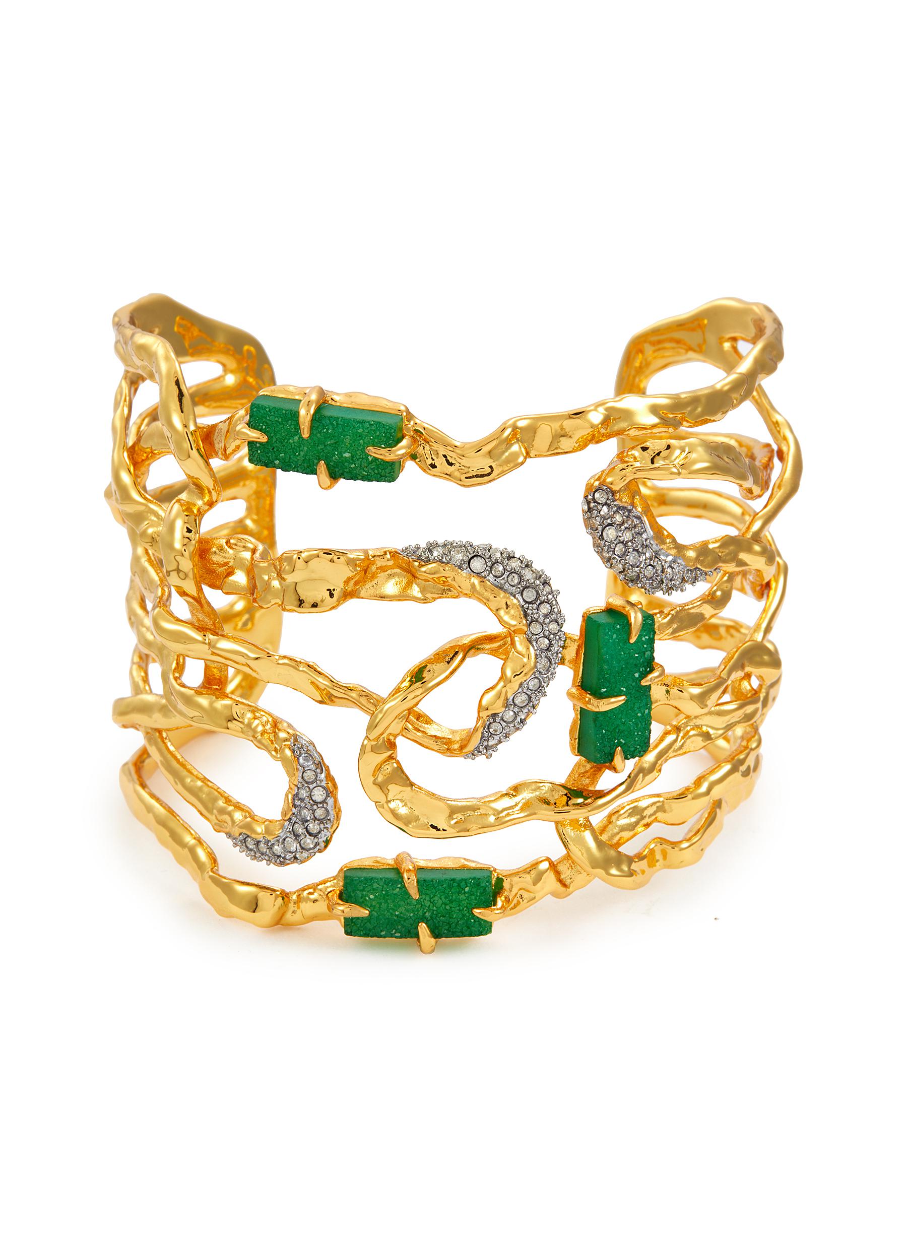 Wide Maze 14K Gold & Rhodium Plated Brass Green Druzy Cuff Bracelet