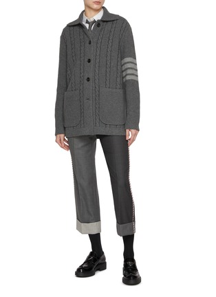 Figure View - Click To Enlarge - THOM BROWNE  - Cable Stitch Virgin Wool Cotton Four Bar Stripe Overcoat