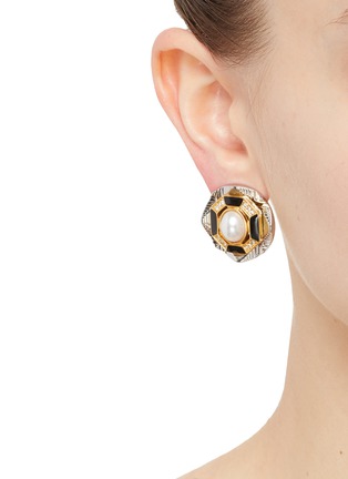 Figure View - Click To Enlarge - VENNA - Artificial Pearl With Geometric Gold And Silver Toned Metal Stud Earrings