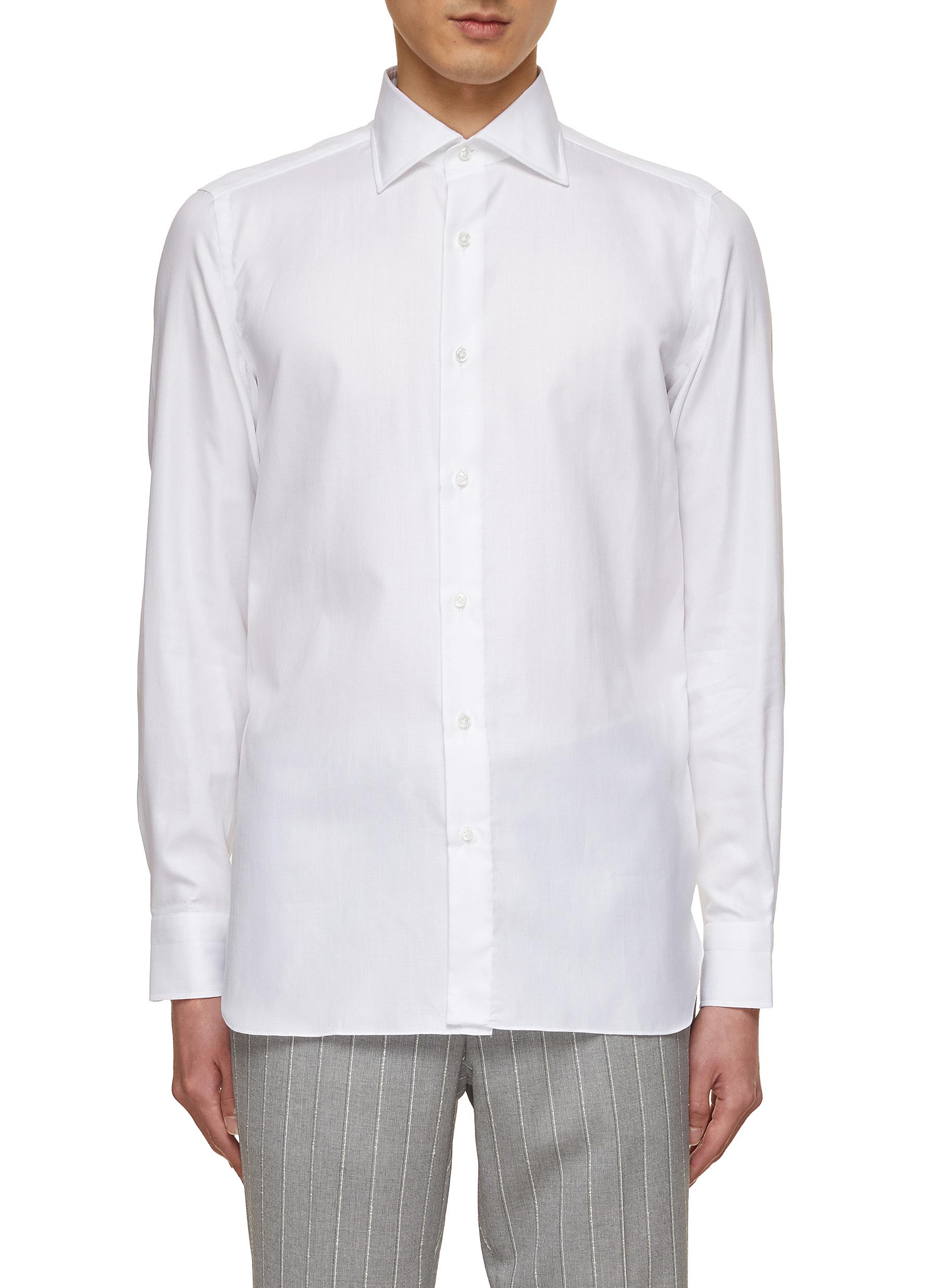 LUIGI BORRELLI - NAPOLI Spread Collar Herringbone Cotton Shirt