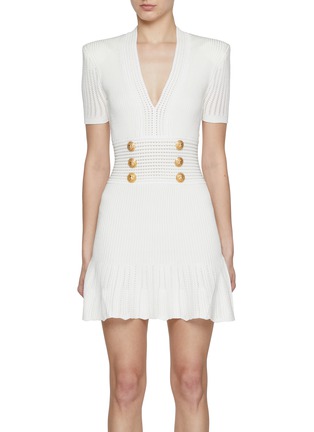 Main View - Click To Enlarge - BALMAIN - V-Neck Pleated Knit Mini Dress