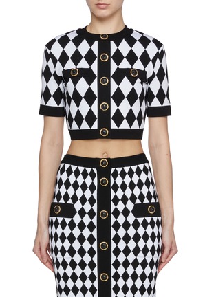 Main View - Click To Enlarge - BALMAIN - Buttoned Diamond Jacquard Crop Knit Top