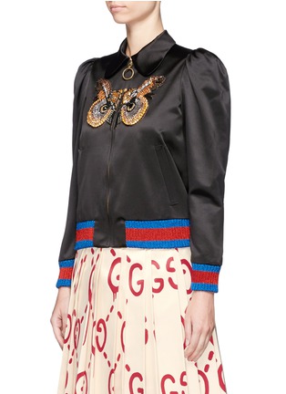 Front View - Click To Enlarge - GUCCI - Owl embellished duchesse satin bomber jacket