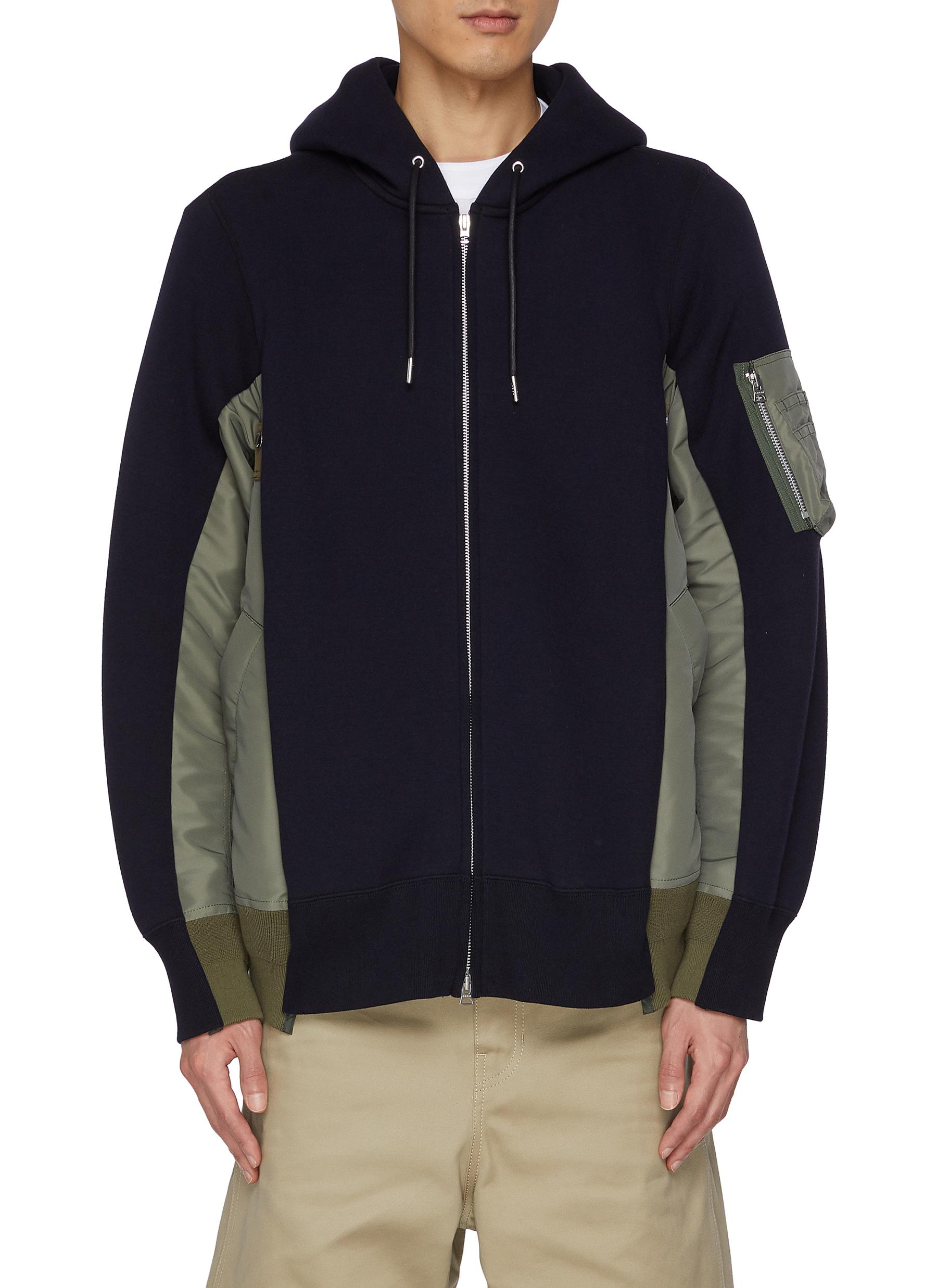SACAI Sponge Sweat Nylon Insert Zip Up Hoodie DARK BLUE AND KHAKI Men Lane Crawford