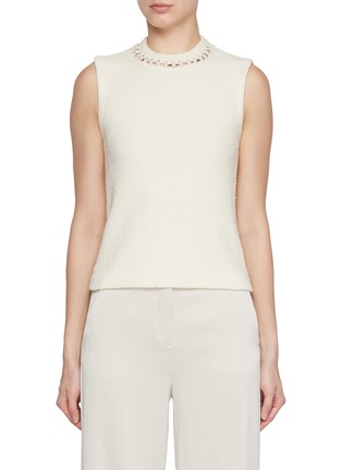 ST. JOHN | Faux Pearl Embroidered Neckline Bouclé Top