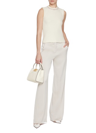 ST. JOHN | Faux Pearl Embroidered Neckline Bouclé Top